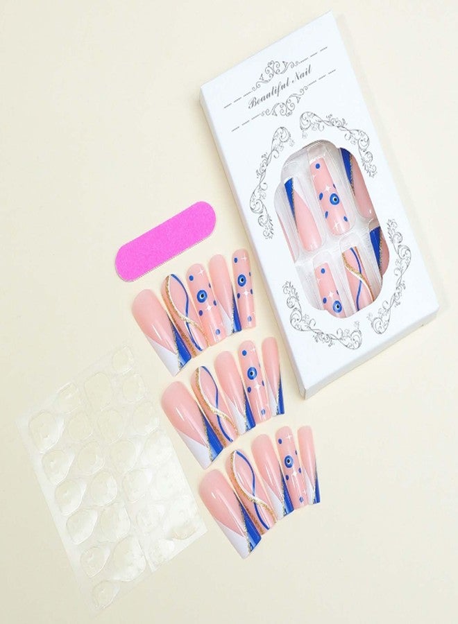 YoYoee Blue Ballerina Nails Tips French False Nails Long Square Press on Nails Swirl Fake Nails for Women and Girls 24PCS - Image 4