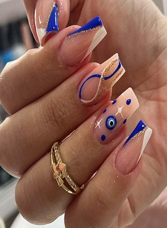 YoYoee Blue Ballerina Nails Tips French False Nails Long Square Press on Nails Swirl Fake Nails for Women and Girls 24PCS - Image 1