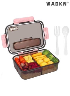 WAOKN Lunch Box-3 Compartment Lunch Containers for Adults and Kids,Food Grade Plastic Lunch Box with with Spoon & Fork,BPA Free,Leak-proof,Dishwasher Safe,Microwave Safe(Pink)  - Image 1