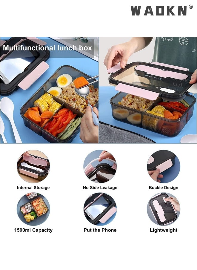 WAOKN Lunch Box-3 Compartment Lunch Containers for Adults and Kids,Food Grade Plastic Lunch Box with with Spoon & Fork,BPA Free,Leak-proof,Dishwasher Safe,Microwave Safe(Pink)  - Image 4