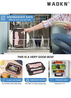 WAOKN Lunch Box-3 Compartment Lunch Containers for Adults and Kids,Food Grade Plastic Lunch Box with with Spoon & Fork,BPA Free,Leak-proof,Dishwasher Safe,Microwave Safe(Pink)  - Image 5