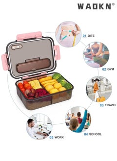 WAOKN Lunch Box-3 Compartment Lunch Containers for Adults and Kids,Food Grade Plastic Lunch Box with with Spoon & Fork,BPA Free,Leak-proof,Dishwasher Safe,Microwave Safe(Pink)  - Image 3