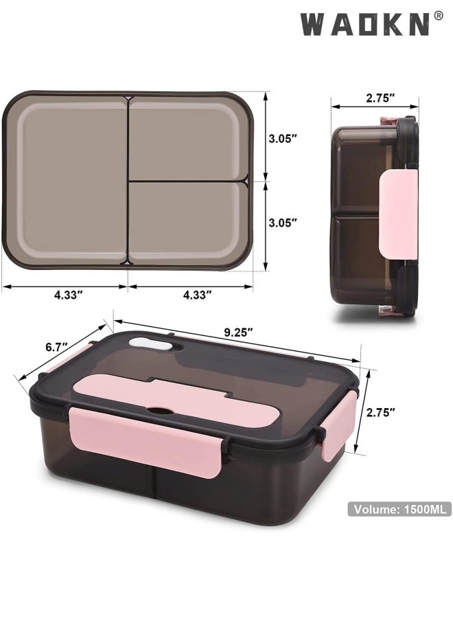 WAOKN Lunch Box-3 Compartment Lunch Containers for Adults and Kids,Food Grade Plastic Lunch Box with with Spoon & Fork,BPA Free,Leak-proof,Dishwasher Safe,Microwave Safe(Pink)  - Image 2