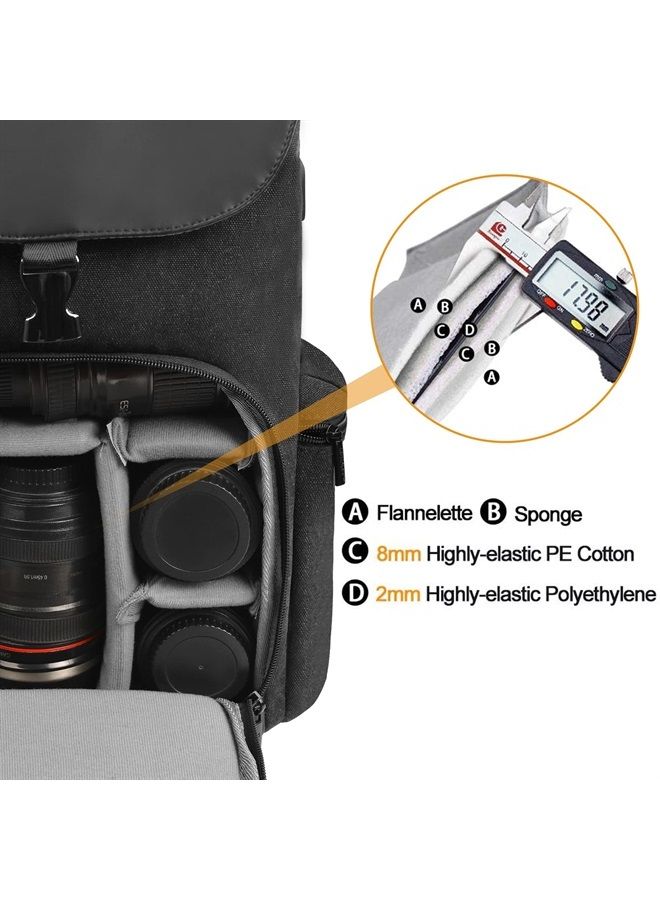 Caden Camera Backpack Canvas Camera Bag for DSLR/SLR Mirrorless Camera with 15.6 inches Laptop Compartment, Camera Case Compatible for Sony Canon Nikon Cameras and Lens Tripod Waterproof Black - Image 3