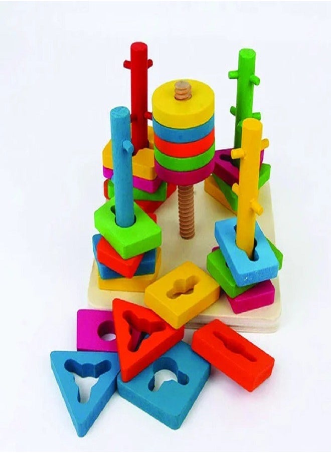 Baby Wooden Toys Educational Materials Engineering 5 Column Matching Color Shape Wooden Toy  - Image 1