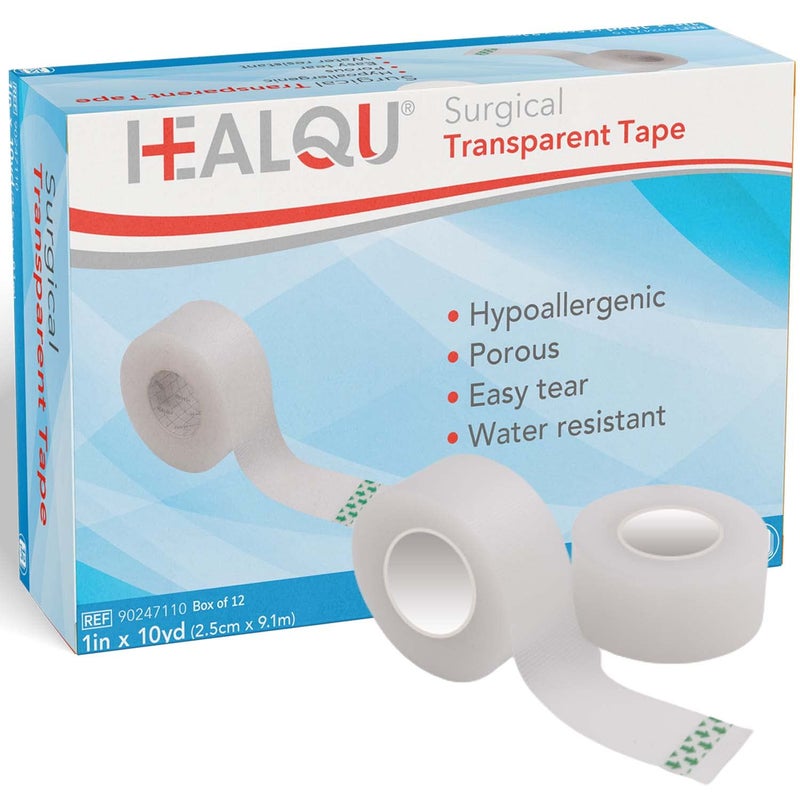 HEALQU Transparent Medical Tape - Box of 12 Rolls, 1" x 10yd Surgical Tape with Gentle Adhesion for Sensitive Skin for Wound Care,Tubing, First Aid Supplies - Breathable, Microporous Tape - Image 1