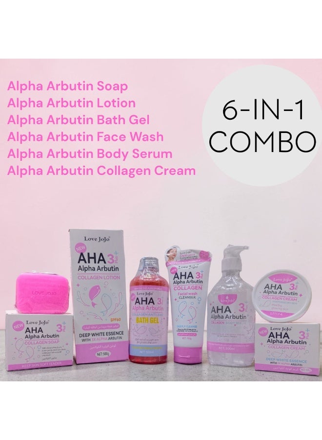AHA 6-in-1 Brightening Skincare Combo - Alpha Arbutin & Collagen Serum, Cream, Lotion, Face Wash, Soap & Shower Gel - Image 1