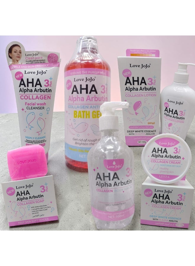 AHA 6-in-1 Brightening Skincare Combo - Alpha Arbutin & Collagen Serum, Cream, Lotion, Face Wash, Soap & Shower Gel - Image 2