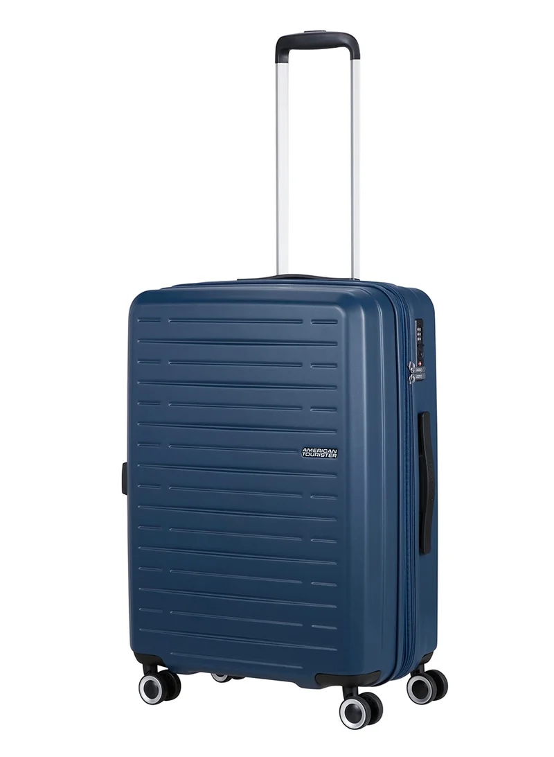 American Tourister 66 cm / 24 inch Aerojoy Suitcase, Check-In Size 66 cm / 25 inch, 4 Wheels, Hard Top, ABS, Dark Blue|TSA Lock|Inner Mesh Zippered Divider|Expandable|Cross Ribbons|Lightweight - 3 Years International Warranty  | Best Price UAE