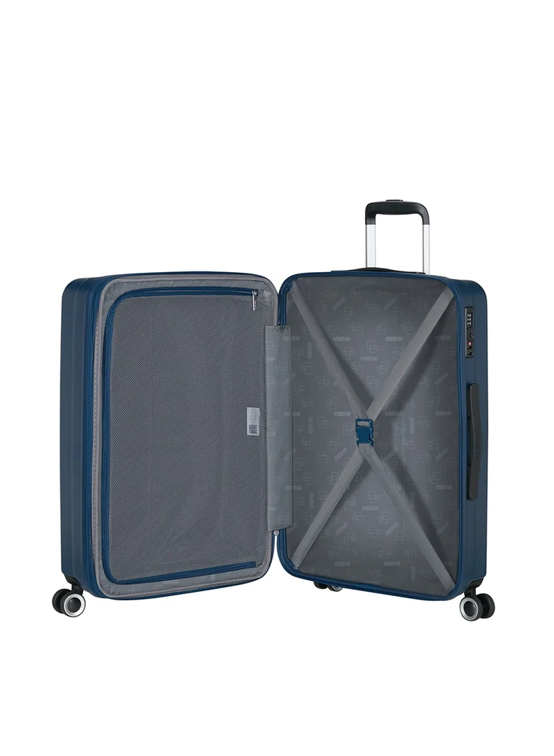American Tourister 66 cm / 24 inch Aerojoy Suitcase, Check-In Size 66 cm / 25 inch, 4 Wheels, Hard Top, ABS, Dark Blue|TSA Lock|Inner Mesh Zippered Divider|Expandable|Cross Ribbons|Lightweight - 3 Years International Warranty  | Best Price UAE