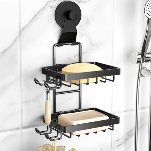 Moforoco Soap Bar Holder for Shower No Drilling 304 Stainless Steel Wall Mounted Soap Holder with 4 Hooks and Razor Holder Shower Rack Soap Tray Bar Soap for Bathroom Black 2T Suction Cup - Image 1