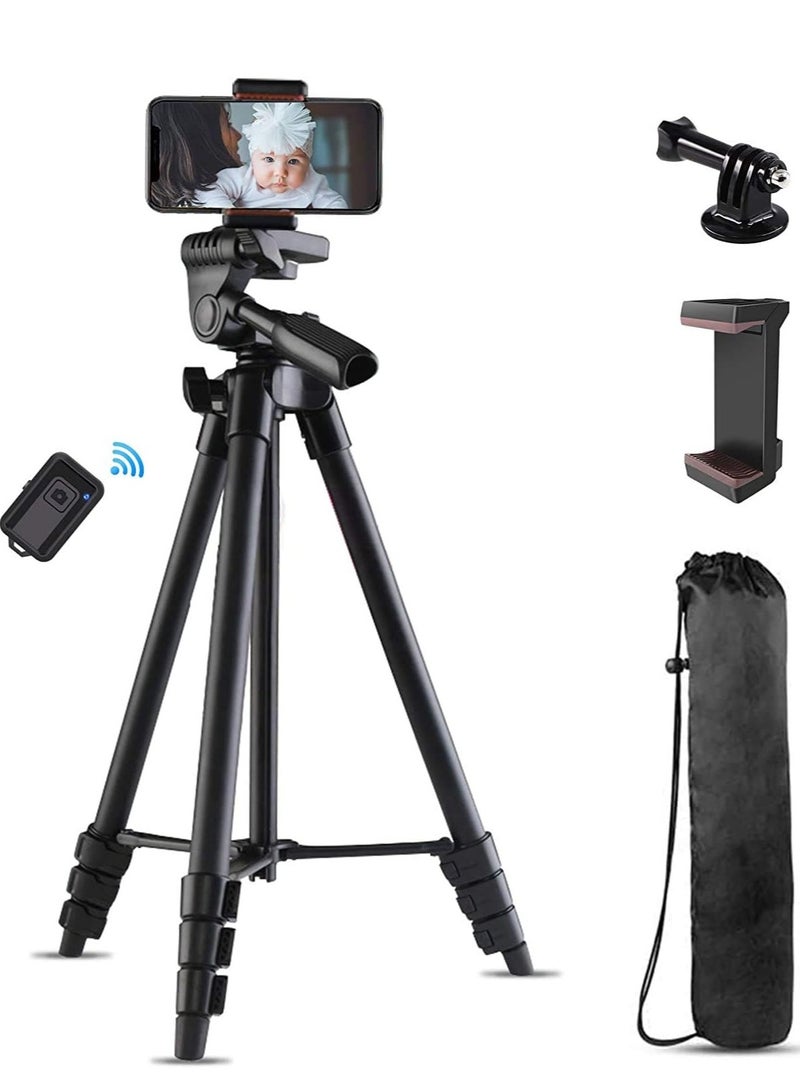 TYCOM Phone Tripod 53" Extendable Phone Tripod Lightweight Travel Tripod with Bluetooth Remote Shutter Portable Pouch & 1/4" Standard for iPhone Android Phones Camera & Projector Black  - Image 1