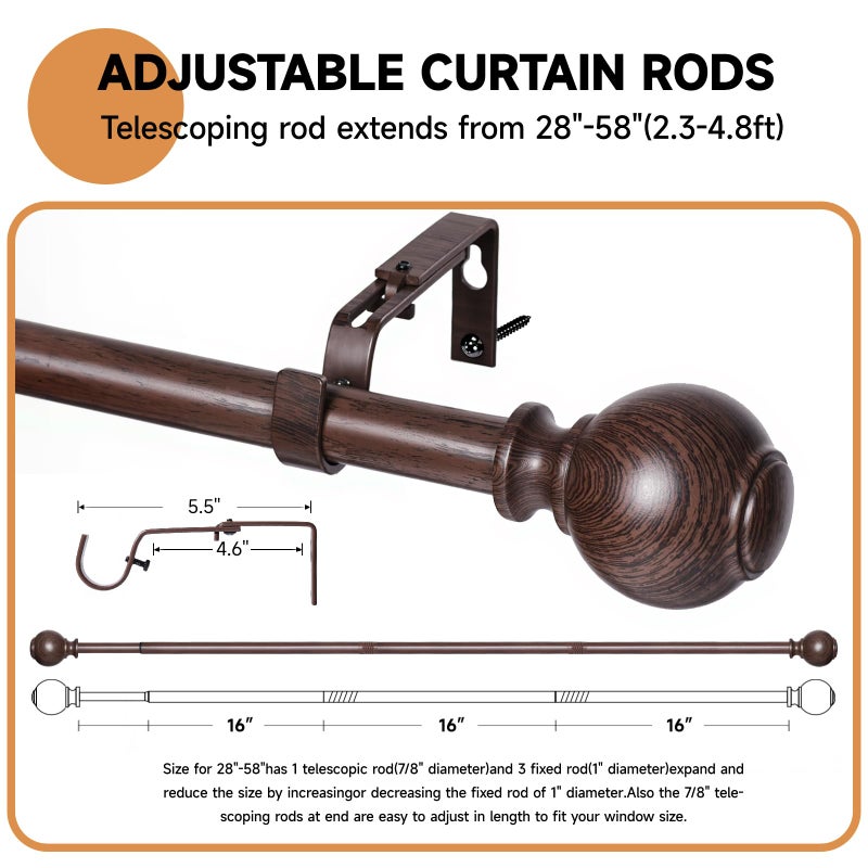 ZNONOX Wood Curtain Rods for Windows 28 to 48 Inches,1 inch Heavy Duty Window Curtain Rod with Imitation Wood Grain Finials,Decorative Drapery Rods Adjustable, 28"-58"(2.3-4.8ft), Bronze Wood - Image 5