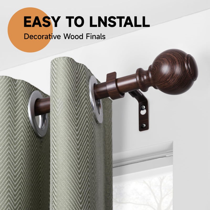 ZNONOX Wood Curtain Rods for Windows 28 to 48 Inches,1 inch Heavy Duty Window Curtain Rod with Imitation Wood Grain Finials,Decorative Drapery Rods Adjustable, 28"-58"(2.3-4.8ft), Bronze Wood - Image 2