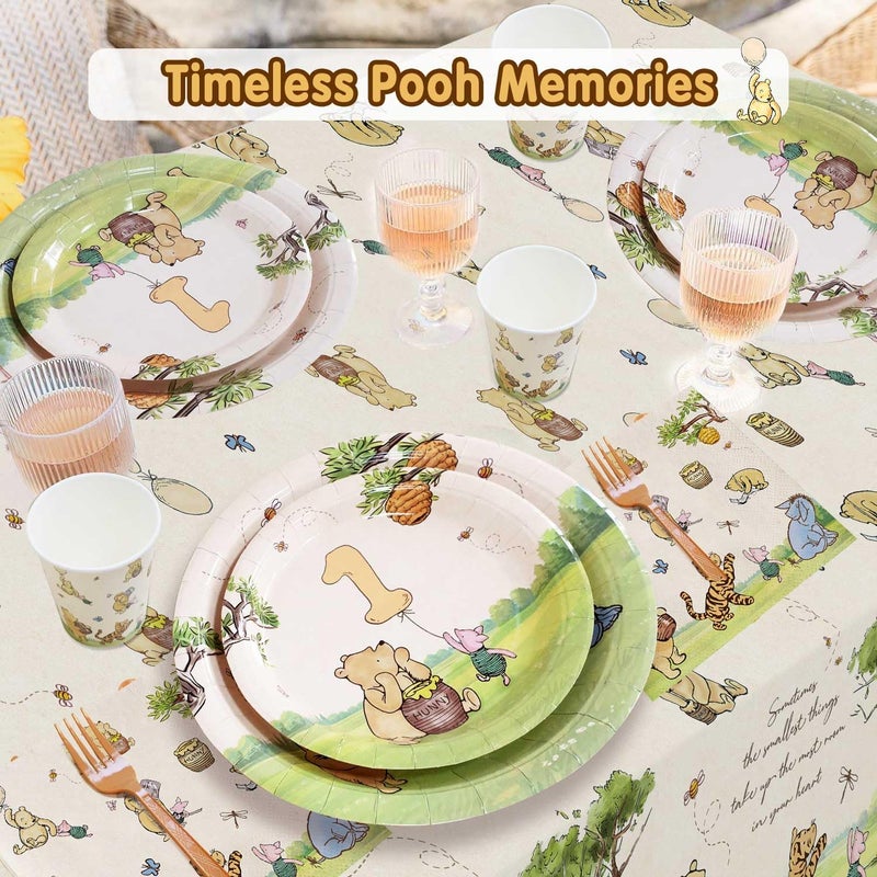 Heboland Winnie Bear First 1st Birthday Decorations 192Pcs Vintage Pooh Bear Plates Cups Napkins Balloons Banner Tablecloth Swirls Cupcake Toppers for First Birthday Girls Boys, 25 Guests - Image 4