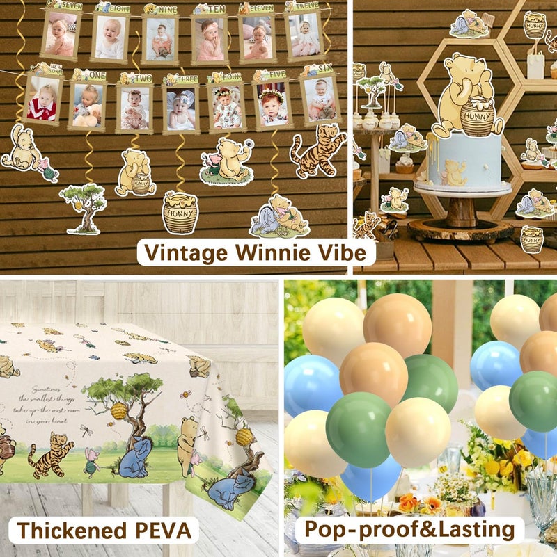 Heboland Winnie Bear First 1st Birthday Decorations 192Pcs Vintage Pooh Bear Plates Cups Napkins Balloons Banner Tablecloth Swirls Cupcake Toppers for First Birthday Girls Boys, 25 Guests - Image 5