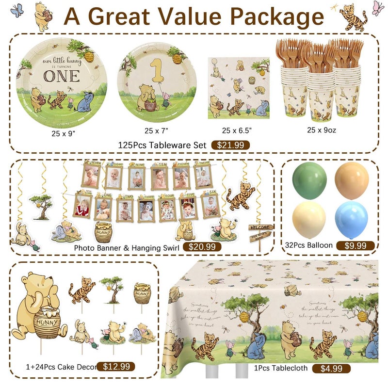 Heboland Winnie Bear First 1st Birthday Decorations 192Pcs Vintage Pooh Bear Plates Cups Napkins Balloons Banner Tablecloth Swirls Cupcake Toppers for First Birthday Girls Boys, 25 Guests - Image 2