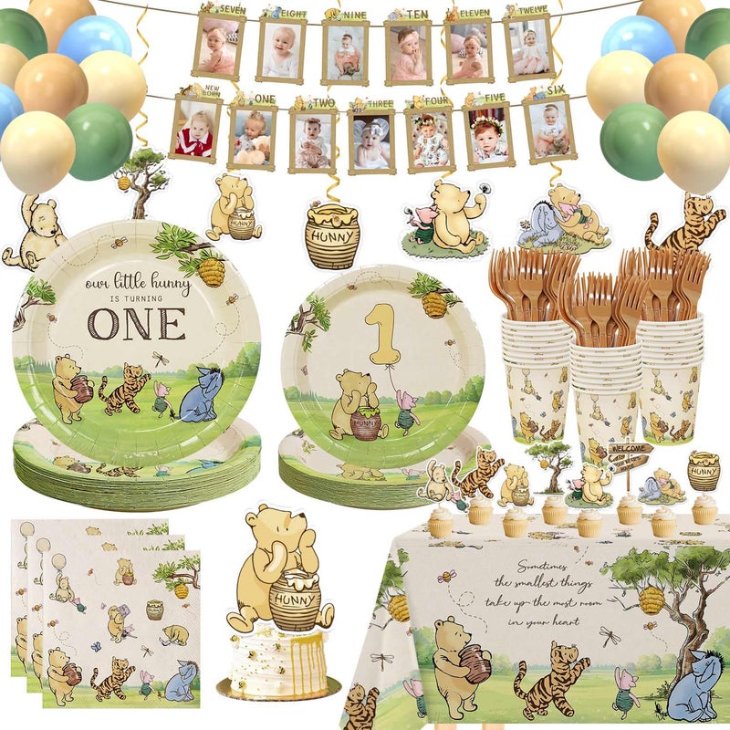 Heboland Winnie Bear First 1st Birthday Decorations 192Pcs Vintage Pooh Bear Plates Cups Napkins Balloons Banner Tablecloth Swirls Cupcake Toppers for First Birthday Girls Boys, 25 Guests - Image 1