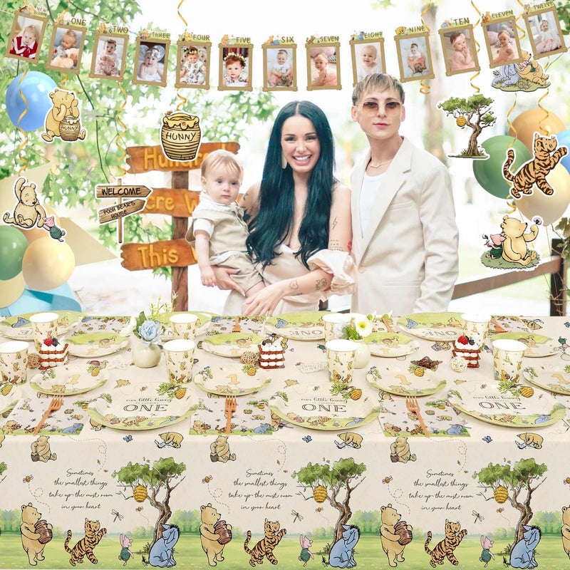 Heboland Winnie Bear First 1st Birthday Decorations 192Pcs Vintage Pooh Bear Plates Cups Napkins Balloons Banner Tablecloth Swirls Cupcake Toppers for First Birthday Girls Boys, 25 Guests - Image 3