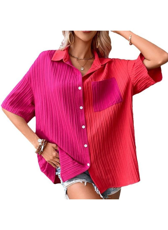 VUELO European And American Summer Casual Buckle Lapel Shirt Stitching Short-sleeved Casual Shirt Women's Shirt - Image 1