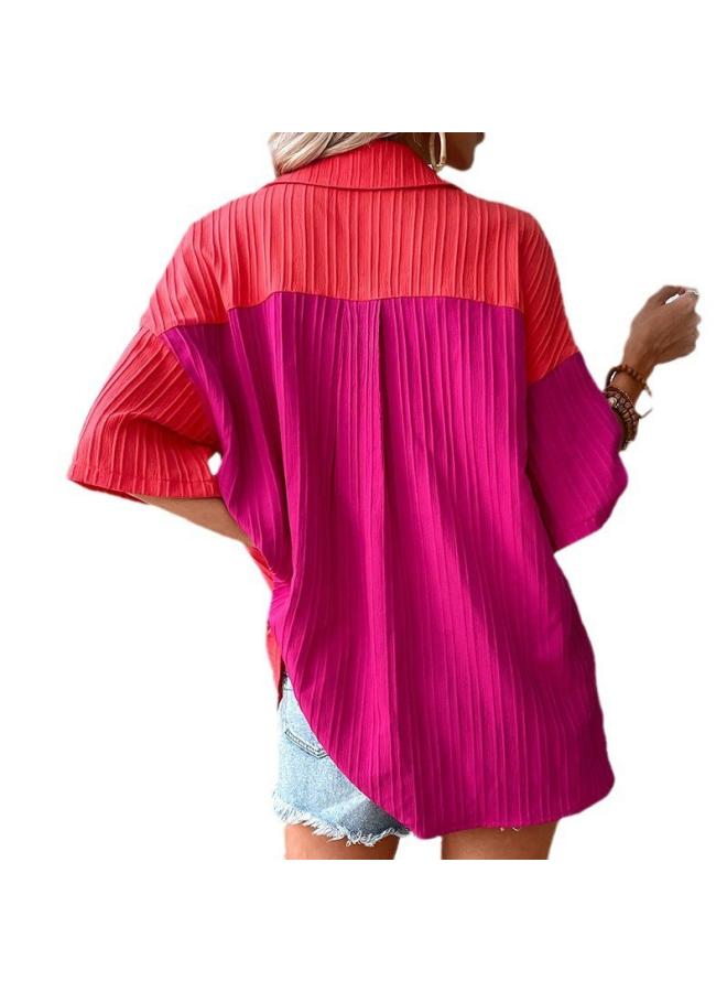 VUELO European And American Summer Casual Buckle Lapel Shirt Stitching Short-sleeved Casual Shirt Women's Shirt - Image 3