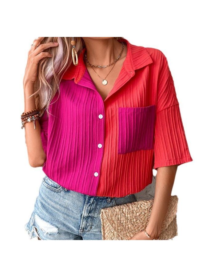 VUELO European And American Summer Casual Buckle Lapel Shirt Stitching Short-sleeved Casual Shirt Women's Shirt - Image 4