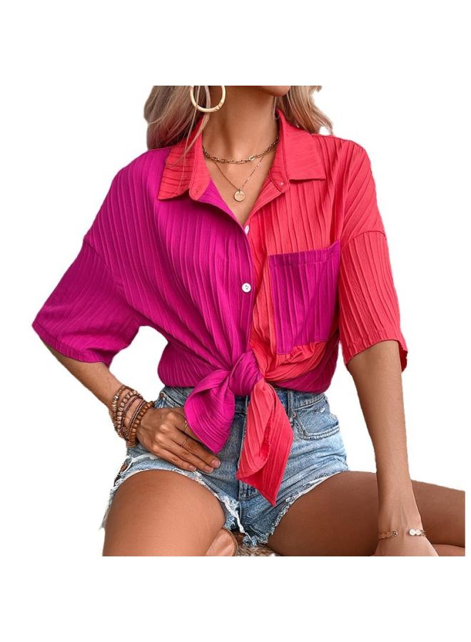 VUELO European And American Summer Casual Buckle Lapel Shirt Stitching Short-sleeved Casual Shirt Women's Shirt - Image 5