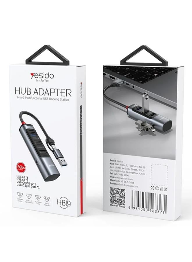 محول موزع USB + Type C من YESIDO HB19 إلى USB 3.0 + 2xUSB 2.0 + PD 2.0 USB-C
