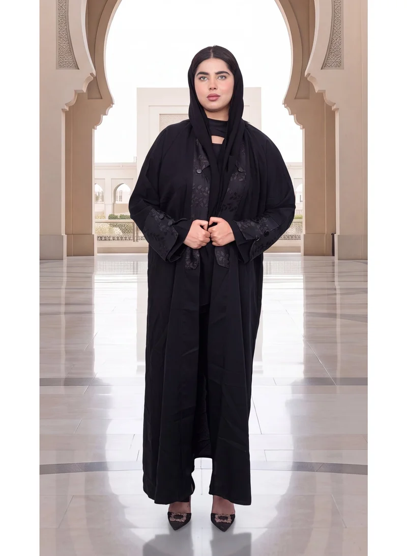 Fashion Line Elegant Open-Front Black Abaya with Intricate Lace Embroidery and Button Accents