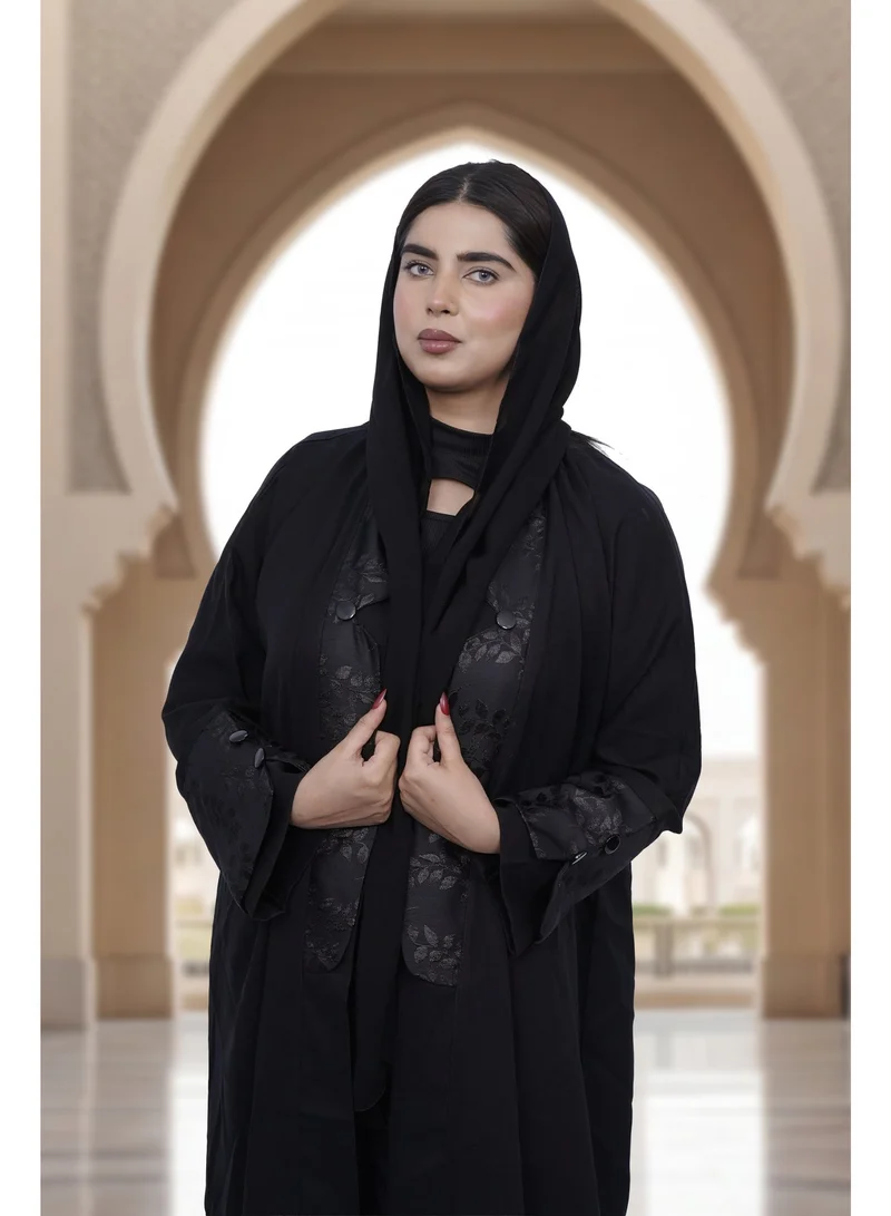 Fashion Line Elegant Open-Front Black Abaya with Intricate Lace Embroidery and Button Accents