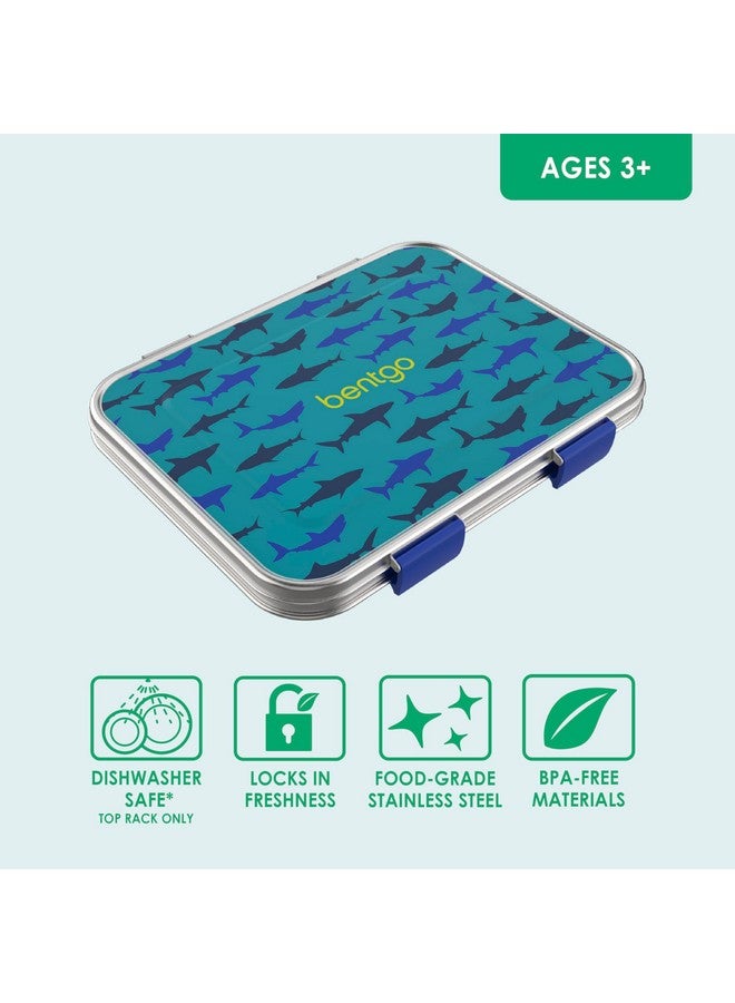 Bentgo Bentgo Kids Stainless Steel Prints Leak-Resistant Lunch Box - 3-Compartments with Bonus Silicone Container, Durable, Eco-Friendly, Dishwasher Safe, BPA-Free, Ideal for School, Ages 3+ (Shark)  - Image 3