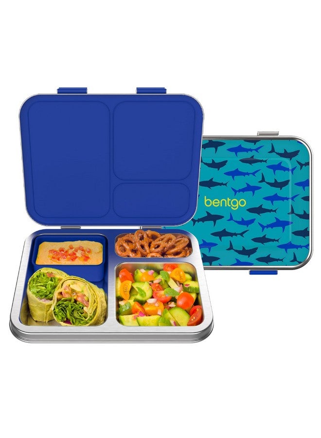 Bentgo Bentgo Kids Stainless Steel Prints Leak-Resistant Lunch Box - 3-Compartments with Bonus Silicone Container, Durable, Eco-Friendly, Dishwasher Safe, BPA-Free, Ideal for School, Ages 3+ (Shark)  - Image 1