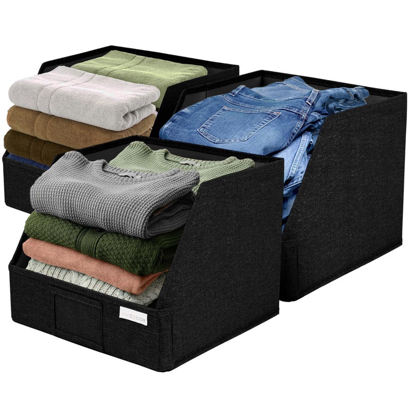 VIVIDECOR Trapezoid Closet Bins for Shelves â€“ 12x12x10 Fabric Storage Baskets, Collapsible Organizer Boxes for Bedroom, Jeans, Sweatersâ€“ Black, 3 Pack - Image 1