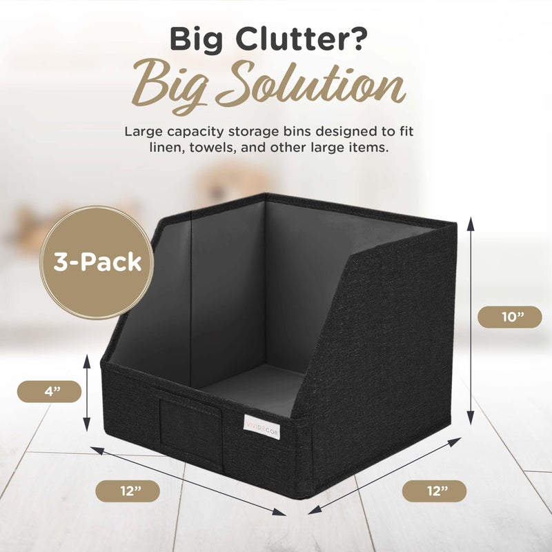 VIVIDECOR Trapezoid Closet Bins for Shelves â€“ 12x12x10 Fabric Storage Baskets, Collapsible Organizer Boxes for Bedroom, Jeans, Sweatersâ€“ Black, 3 Pack - Image 4