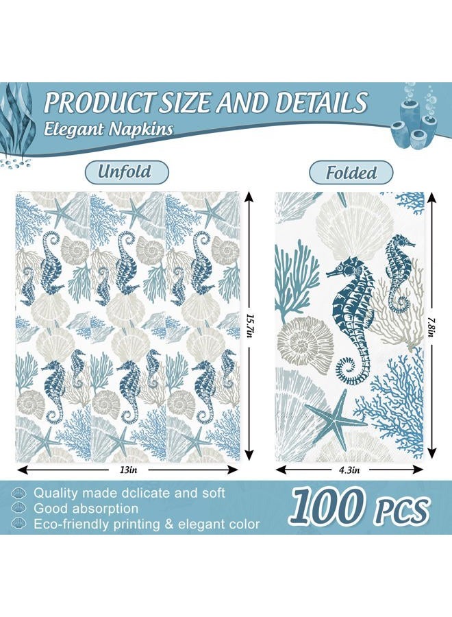 AnyDesign 100Pcs Ocean Paper Guest Napkins Coral Shell Seahorse Bathroom Napkins Sea Starfish Disposable Hand Towel Napkin for Home Holiday Party Supplies - Image 2
