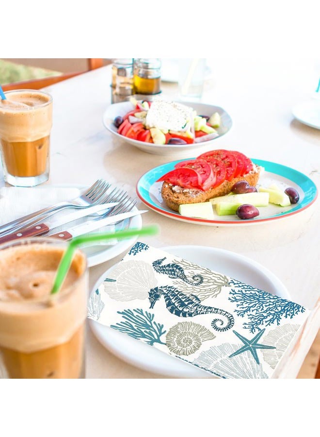 AnyDesign 100Pcs Ocean Paper Guest Napkins Coral Shell Seahorse Bathroom Napkins Sea Starfish Disposable Hand Towel Napkin for Home Holiday Party Supplies - Image 5