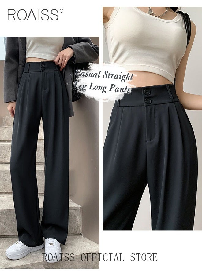roaiss Women’s Wide Leg Trousers Pants High Waisted Two Button Design Business Work Office Casual Straight Leg Long Pants for Ladies Daily Wear Spring Summer Autumn Clothes  - Image 4