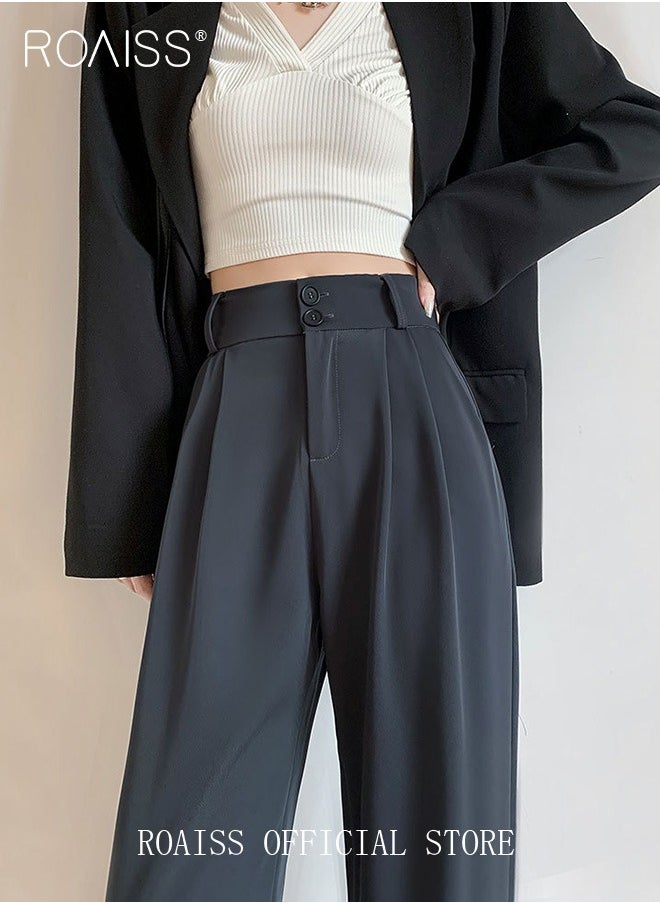 roaiss Women’s Wide Leg Trousers Pants High Waisted Two Button Design Business Work Office Casual Straight Leg Long Pants for Ladies Daily Wear Spring Summer Autumn Clothes  - Image 2