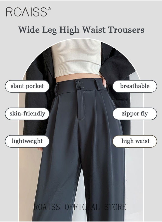 roaiss Women’s Wide Leg Trousers Pants High Waisted Two Button Design Business Work Office Casual Straight Leg Long Pants for Ladies Daily Wear Spring Summer Autumn Clothes  - Image 5