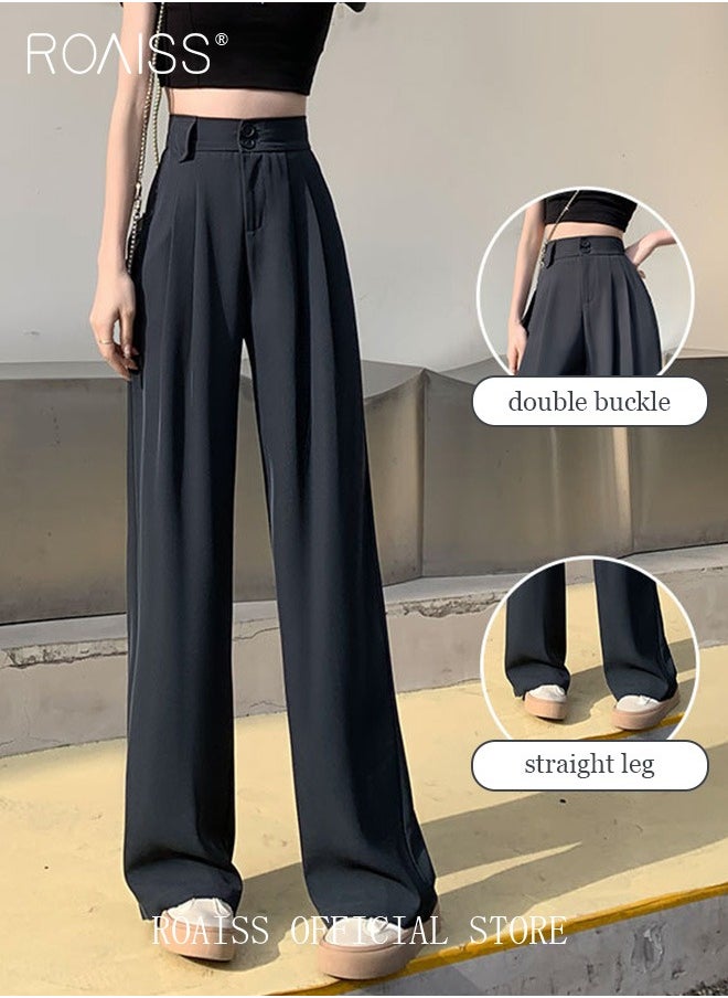 roaiss Women’s Wide Leg Trousers Pants High Waisted Two Button Design Business Work Office Casual Straight Leg Long Pants for Ladies Daily Wear Spring Summer Autumn Clothes  - Image 3