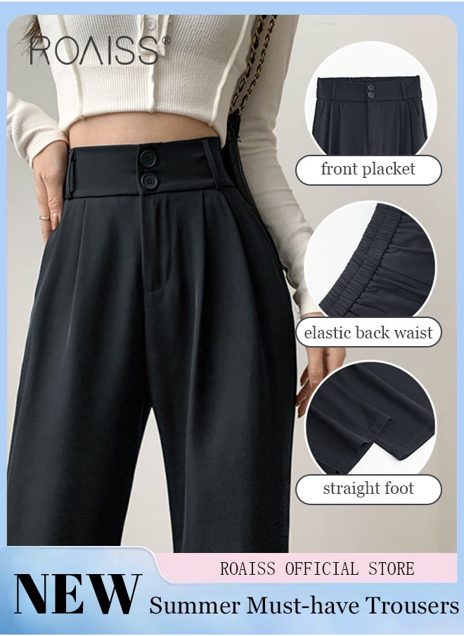 roaiss Women’s Wide Leg Trousers Pants High Waisted Two Button Design Business Work Office Casual Straight Leg Long Pants for Ladies Daily Wear Spring Summer Autumn Clothes  - Image 1
