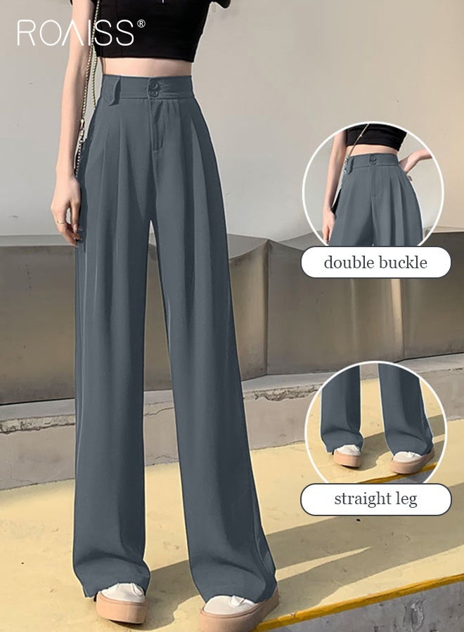 roaiss Women’s Wide Leg Trousers Pants High Waisted Two Button Design Business Work Office Casual Straight Leg Long Pants for Ladies Daily Wear Spring Summer Autumn Clothes - Image 3