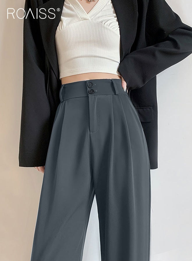 roaiss Women’s Wide Leg Trousers Pants High Waisted Two Button Design Business Work Office Casual Straight Leg Long Pants for Ladies Daily Wear Spring Summer Autumn Clothes - Image 2