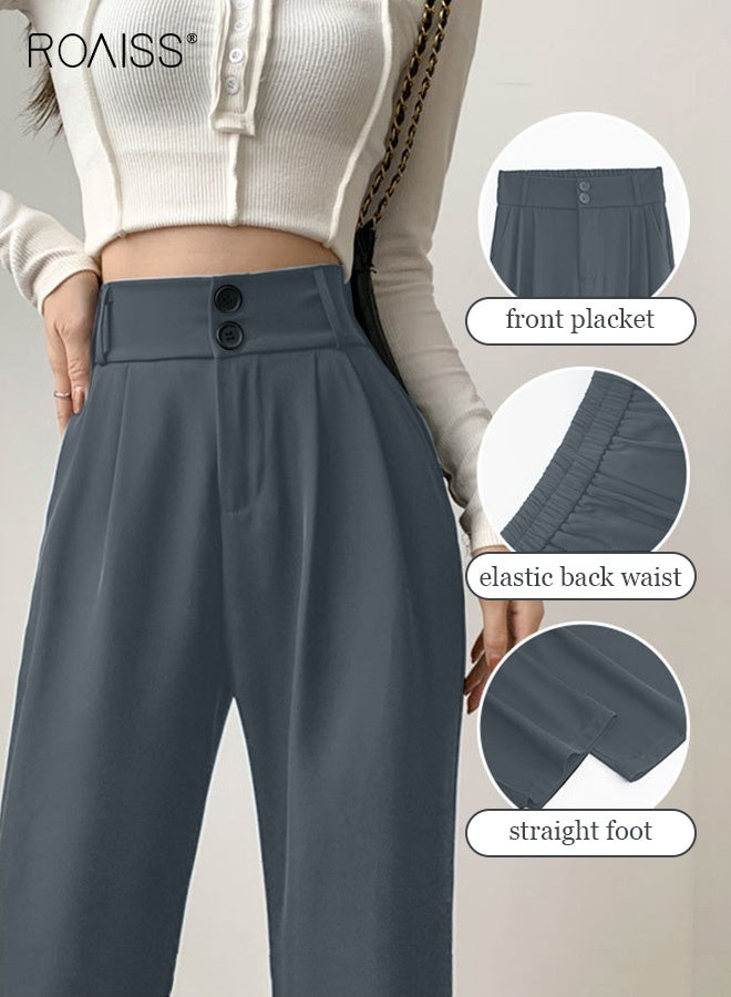 roaiss Women’s Wide Leg Trousers Pants High Waisted Two Button Design Business Work Office Casual Straight Leg Long Pants for Ladies Daily Wear Spring Summer Autumn Clothes - Image 1