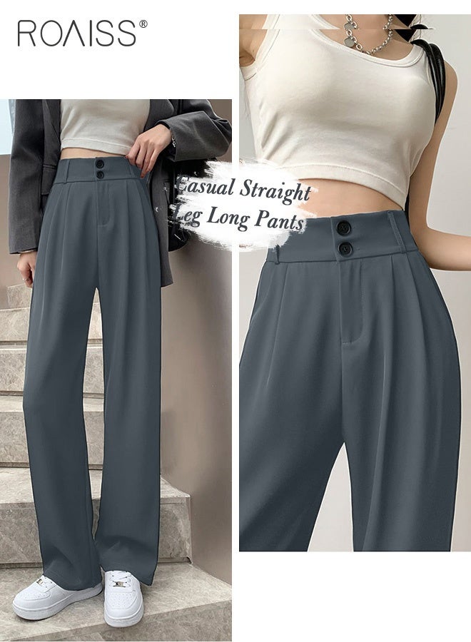 roaiss Women’s Wide Leg Trousers Pants High Waisted Two Button Design Business Work Office Casual Straight Leg Long Pants for Ladies Daily Wear Spring Summer Autumn Clothes - Image 4