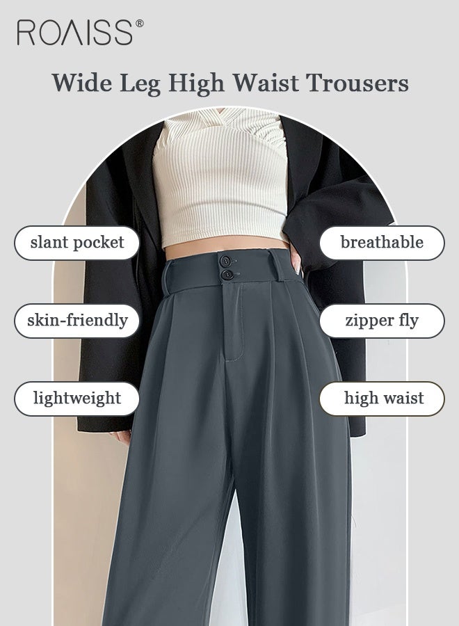 roaiss Women’s Wide Leg Trousers Pants High Waisted Two Button Design Business Work Office Casual Straight Leg Long Pants for Ladies Daily Wear Spring Summer Autumn Clothes - Image 5