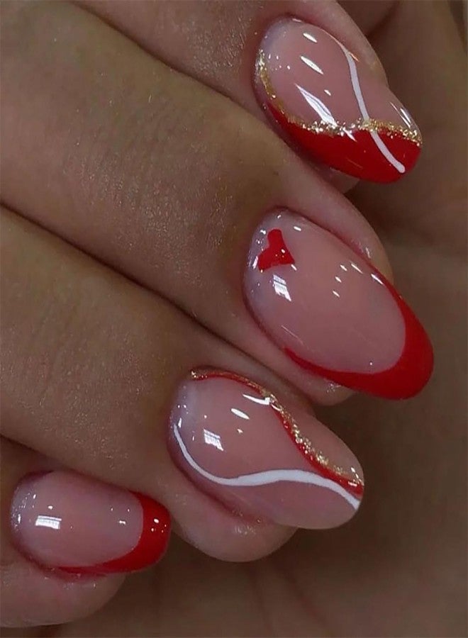 TBRZTR Red Love Heart Valentine's Press on Nails Almond Medium Stripe Red French False Nails Holiday Acrylic Nails Valentine's Coffin Nails Full Cover Almond Stick on Nails French Glue on Nails for Women - Image 1