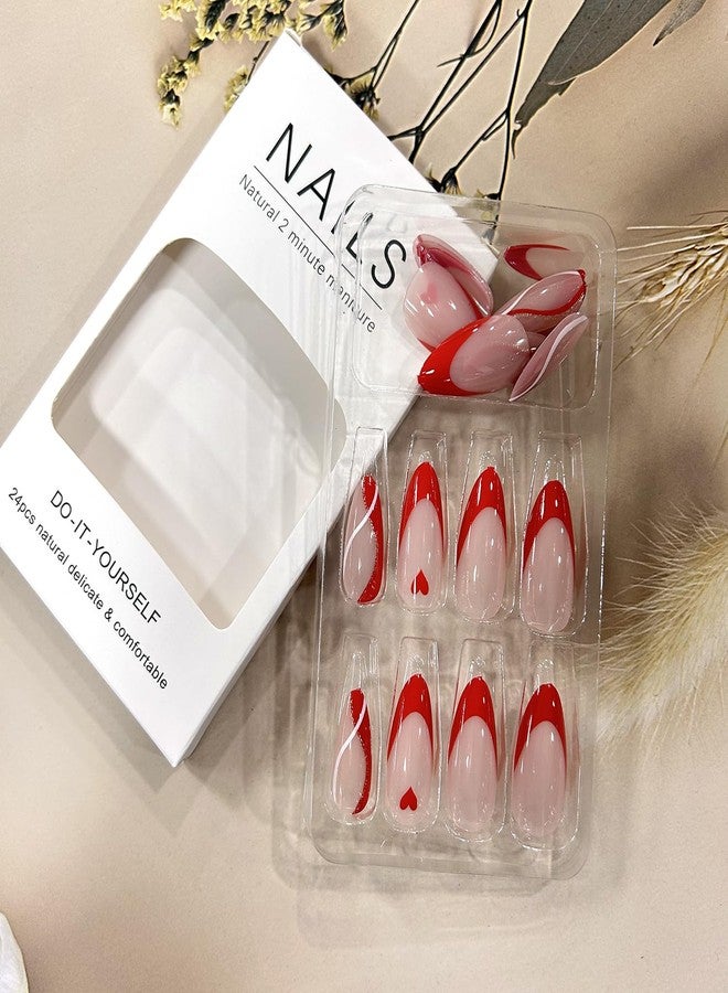 TBRZTR Red Love Heart Valentine's Press on Nails Almond Medium Stripe Red French False Nails Holiday Acrylic Nails Valentine's Coffin Nails Full Cover Almond Stick on Nails French Glue on Nails for Women - Image 5