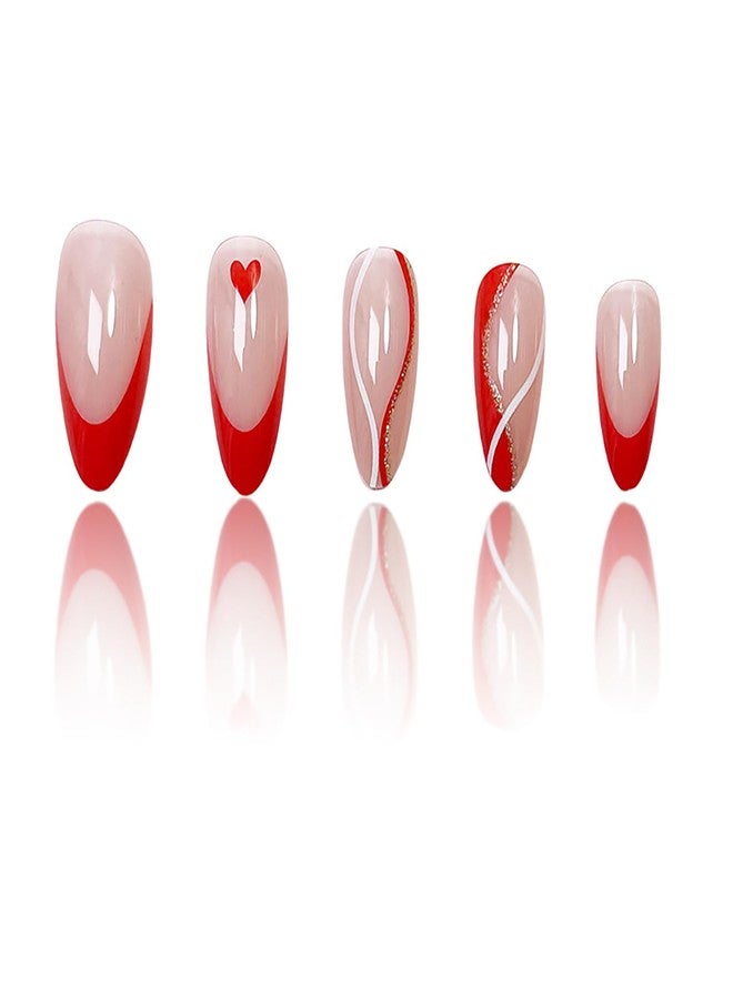 TBRZTR Red Love Heart Valentine's Press on Nails Almond Medium Stripe Red French False Nails Holiday Acrylic Nails Valentine's Coffin Nails Full Cover Almond Stick on Nails French Glue on Nails for Women - Image 2