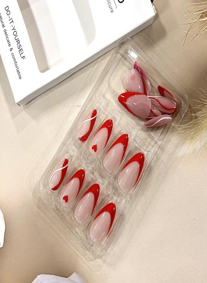 TBRZTR Red Love Heart Valentine's Press on Nails Almond Medium Stripe Red French False Nails Holiday Acrylic Nails Valentine's Coffin Nails Full Cover Almond Stick on Nails French Glue on Nails for Women - Image 3